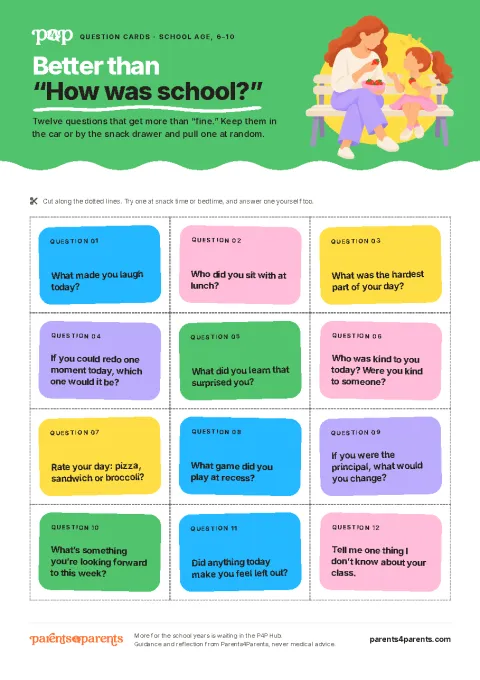 Page one of After-School Question Cards